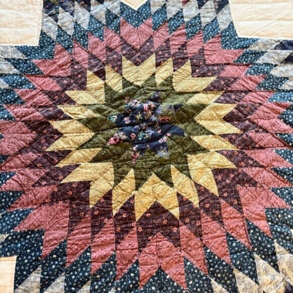 Vintage Lonestar Quilt Blue Yellow Green Patchwork Scalloped Edge - Picture 7 of 10